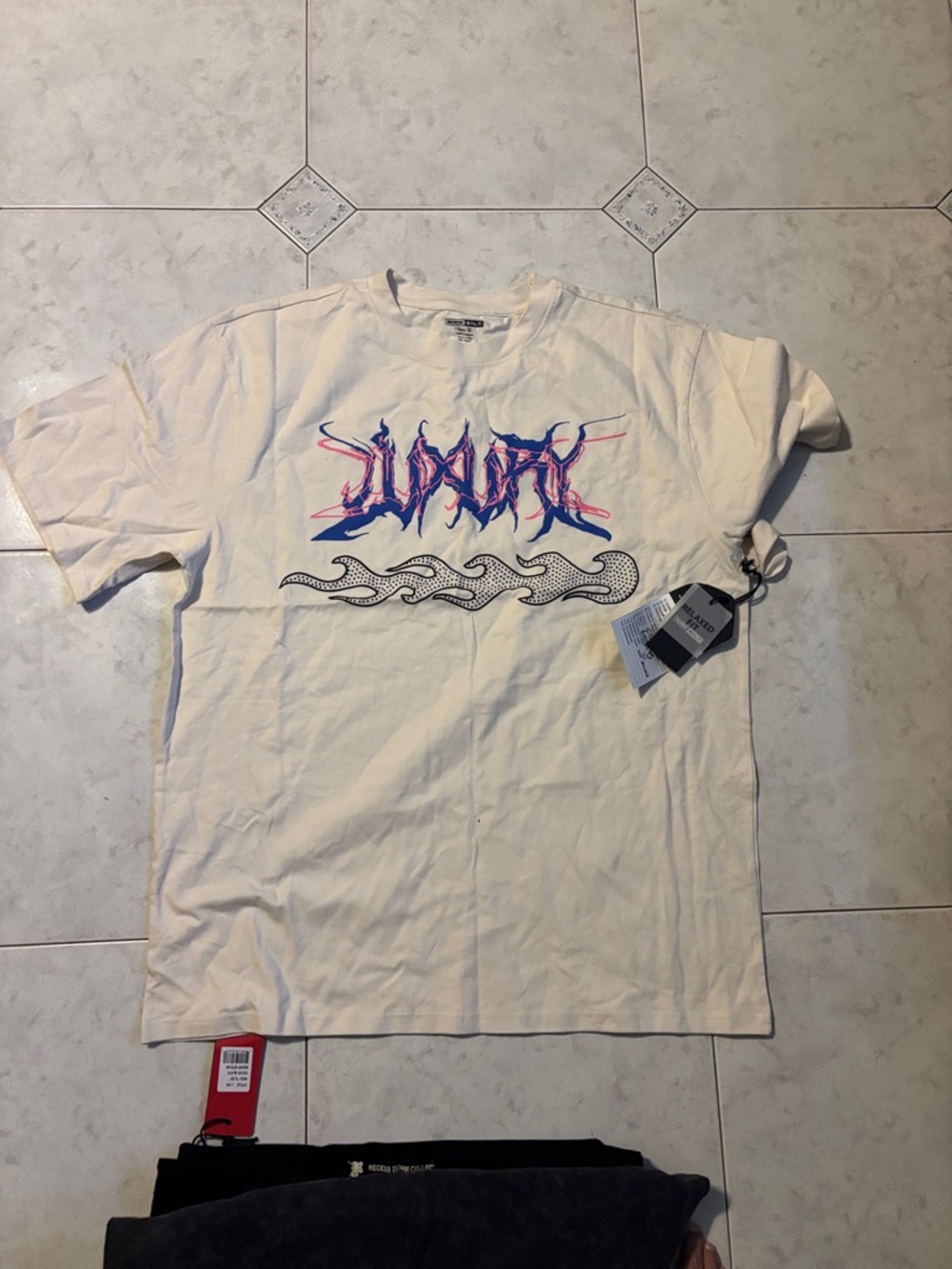 Graphic Crewneck Tee in White with Blue & Pink Script